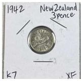 1942 Silver New Zealand 3 Pence Coin, XF