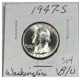 1947-S Washington Silver Quarter, US 90%, BU