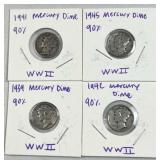 (4) 1939-1945 Mercury Silver Dimes, US 90%
