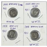 (4) 1928-1944 Mercury Silver Dimes, US 90%