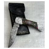 Damascus Steel Folding Blade Knife w/ Sheath