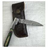 Damascus Steel Folding Blade Knife w/ Sheath