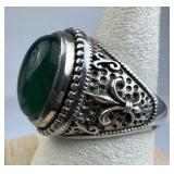 925 Silver Fleur De Lis Ring, Green Stone Cab.