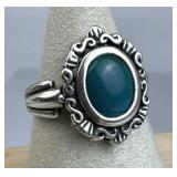 925 Silver Blue-Green Stone Filigree Frame Ring