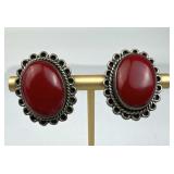 925 Silver Mexico Vtg Red Onyx Clip On Earrings