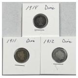 (3) 1911-1914 Silver Barber Dimes, US 90%