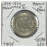 1929-34 Silver Morocco 10 Francs Coin, XF/AU