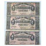 (3) 1915 Mexico Chihuaua 5 Pesos Note, Serie H