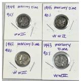 (4) 1942-1945 Mercury Silver Dimes, US 90%