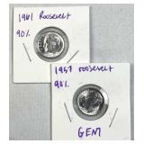1957 & 1961 Roosevelt Silver Dimes, UNC-BU