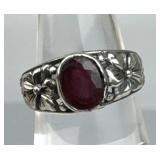 925 Silver Central Red Ruby Floral Band Ring
