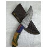 Damascus Steel Gut Hook Skinner Knife w/ Sheath
