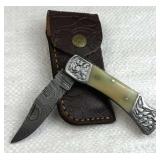 Damascus Steel Folding Blade Knife w/ Sheath