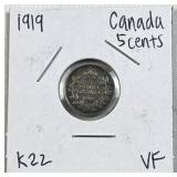 1919 Silver Canada 5 Cents Coin, Very Fine