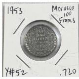 1953 Silver Morocco 100 Francs, XF, .720