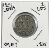1924 Silver Latvia 1 Lats Coin .835