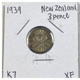 1939 Silver New Zealand 3 Pence Coin, XF