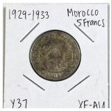 1929-34 Silver Morocco 5 Francs Coin, XF/AU