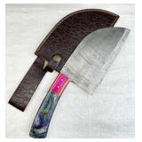 Lg Damascus Steel Chopper Blade Knife w/ Sheath