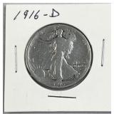 1916-D Walking Liberty Silver Half Dollar, US 90%