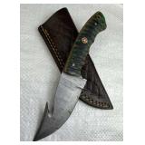 Damascus Steel Gut Hook Blade Knife w/ Sheath