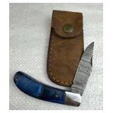 Damascus Steel Folding Blade Knife w/ Sheath