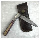 Damascus Steel Folding Blade Knife w/ Sheath