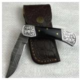 Damascus Steel Folding Blade Knife w/ Sheath