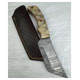 Damascus Steel Fixed Tanto Blade Knife w/ Sheath