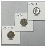 (3) 1950s-60s Silver Roosevelt Dimes, US 90%