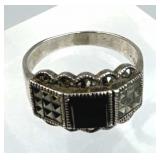 925 Silver Vtg Art Deco Black Tourmaline Marcasite