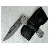 Damascus Steel Folding Blade Knife w/ Sheath