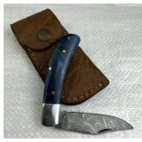 Damascus Steel Folding Blade Knife w/ Sheath