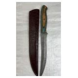 Damascus Steel Long Fillet Blade Knife w/ Sheath