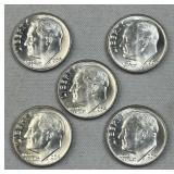 (5) 1964-D Silver Roosevelt Dimes, BU from Roll