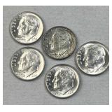 (5) 1964-D Silver Roosevelt Dimes, BU from Roll