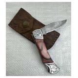 Damascus Steel Folding Blade Knife w/ Sheath