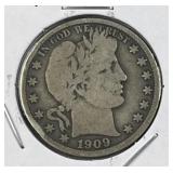 1909 Barber Silver Half Dollar, US 90% Coin