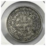 1953 Morocco Silver 100 Francs Coin, .720