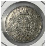 1924 Latvia Silver 1 Lats Coin, XF