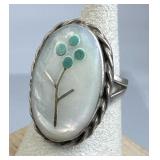 925 Silver Vtg Zuni MOP Turquoise Flower Ring