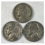 (3) 1942-45 WWII Era Silver Nickels, 35%
