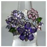 925 Silver India Multi-Gemstone Floral Cluster Rin