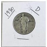 1930-D Standing Liberty Silver Quarter, US 90%