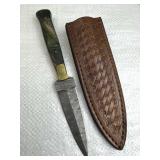 Damascus Steel Fixed Stilletto Knife w/ Sheath
