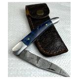 Damascus Steel Folding Blade Knife w/ Sheath
