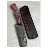 Damascus Steel Fixed Bull Cutter Knife w/ Sheath
