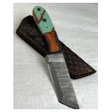 Damascus Steel Fixed Tanto Blade Knife w/ Sheath