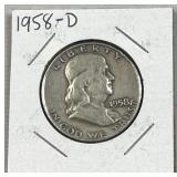 1958-D Franklin Silver Half Dollar, US 90% Coin