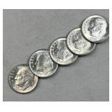 (5) 1964-D Silver Roosevelt Dimes, BU from Roll